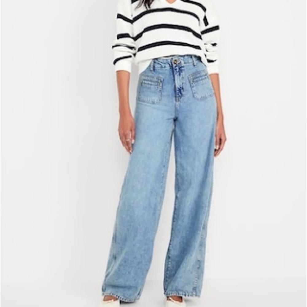 High rise very wide leg great butt denim perfect fit no stretch, front pockets